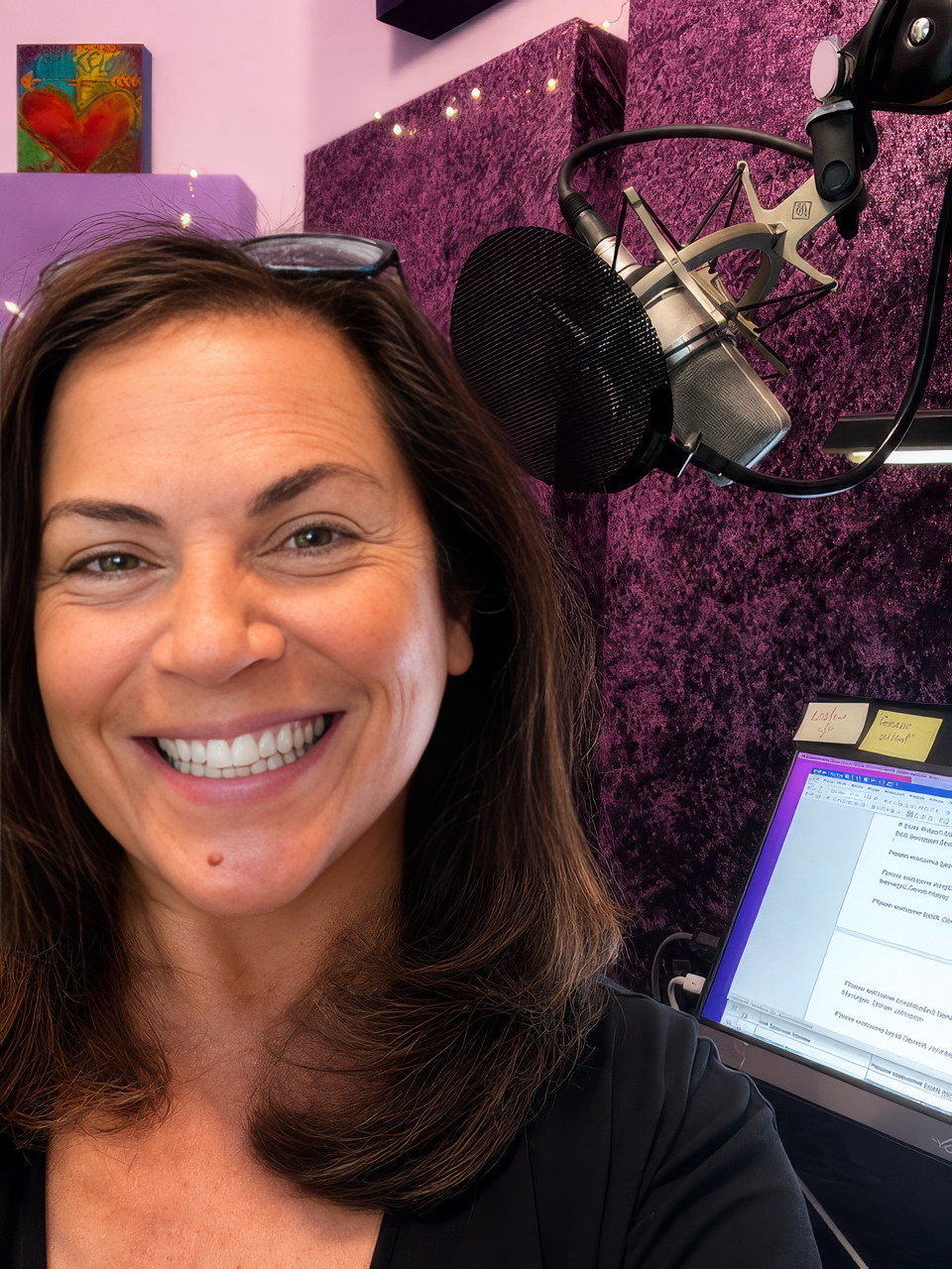 Melanie Katz in her studio at the microphone